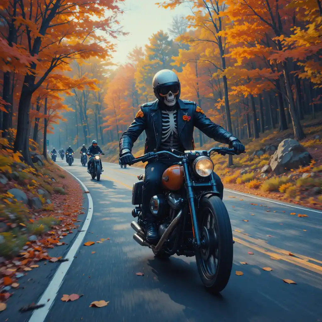 A skeletal biker races past partying skeletons along a winding road