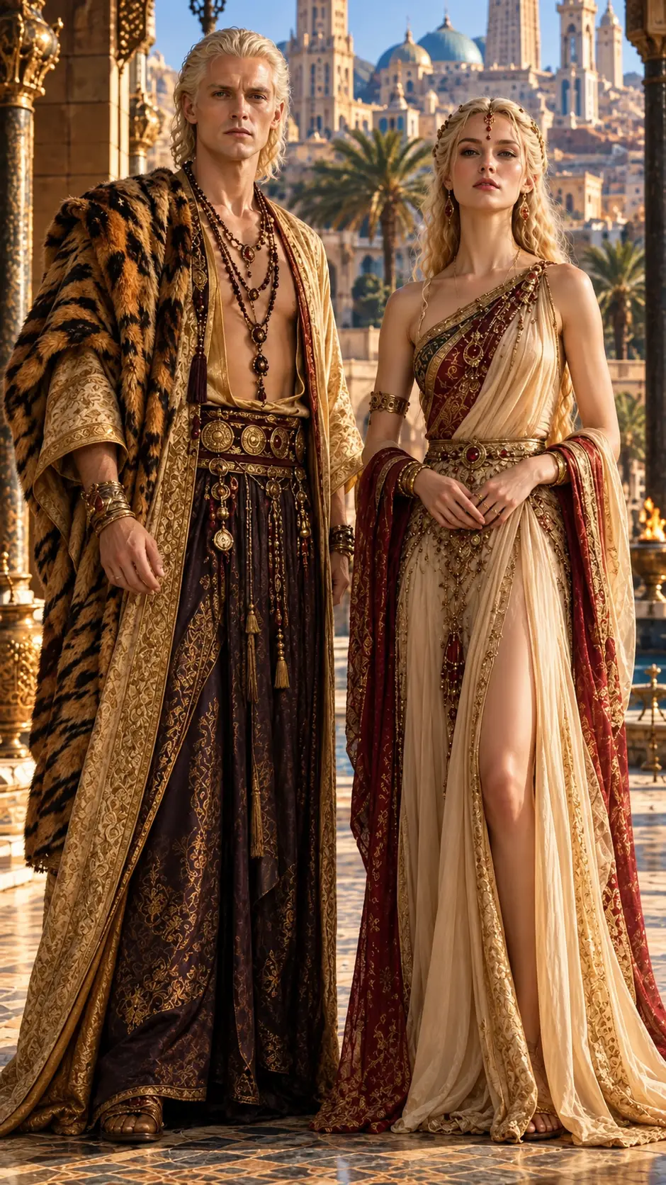 Um casal real posa diante de palácios numa antiga cidade do Médio Oriente