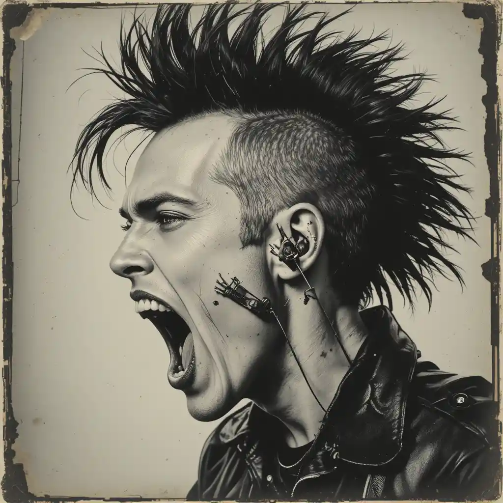 Punk rocker screaming with a long spiky mohawk and a safety pin through an ear