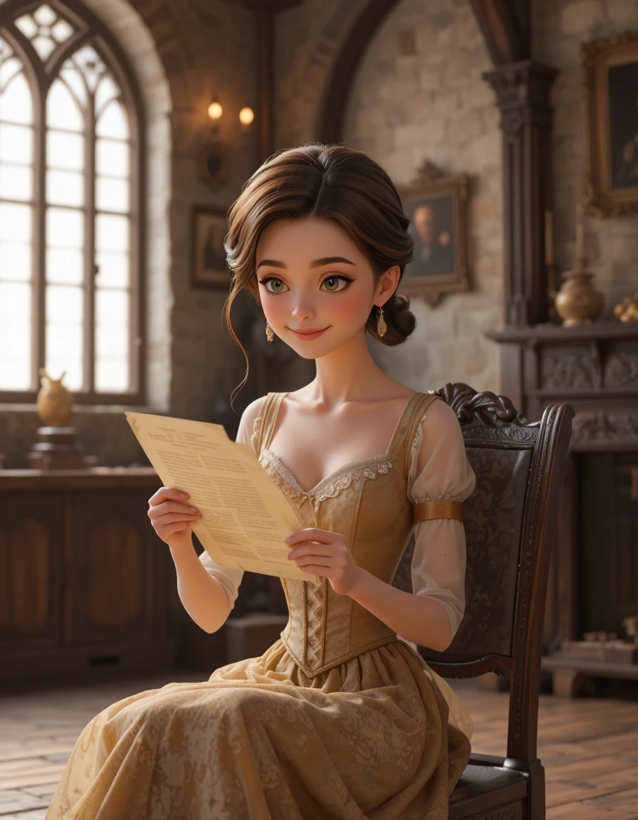 A woman in an old-fashioned gown smiles while reading a letter in a medieval room