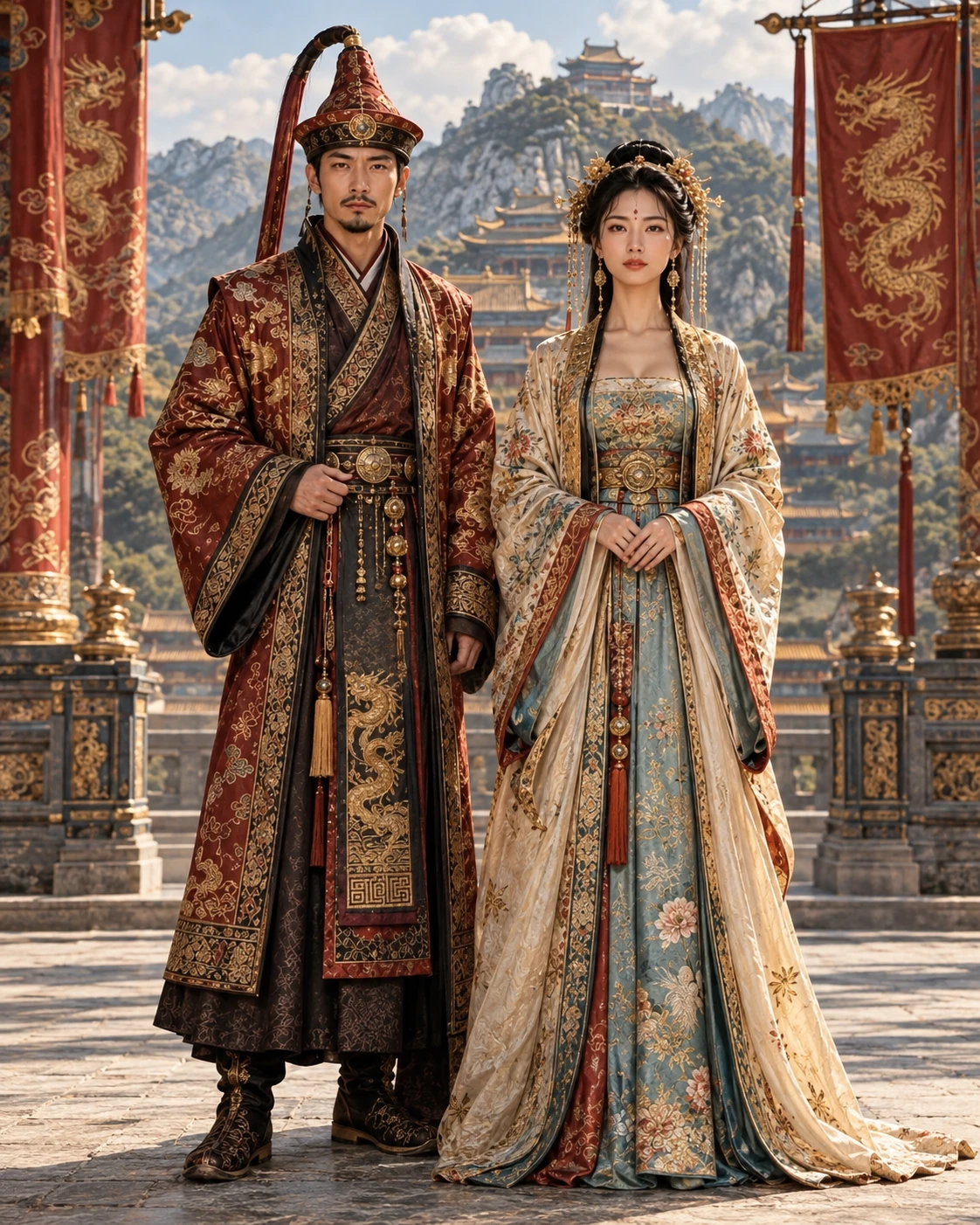 Two east asian adults stand together in a formal historical palace
