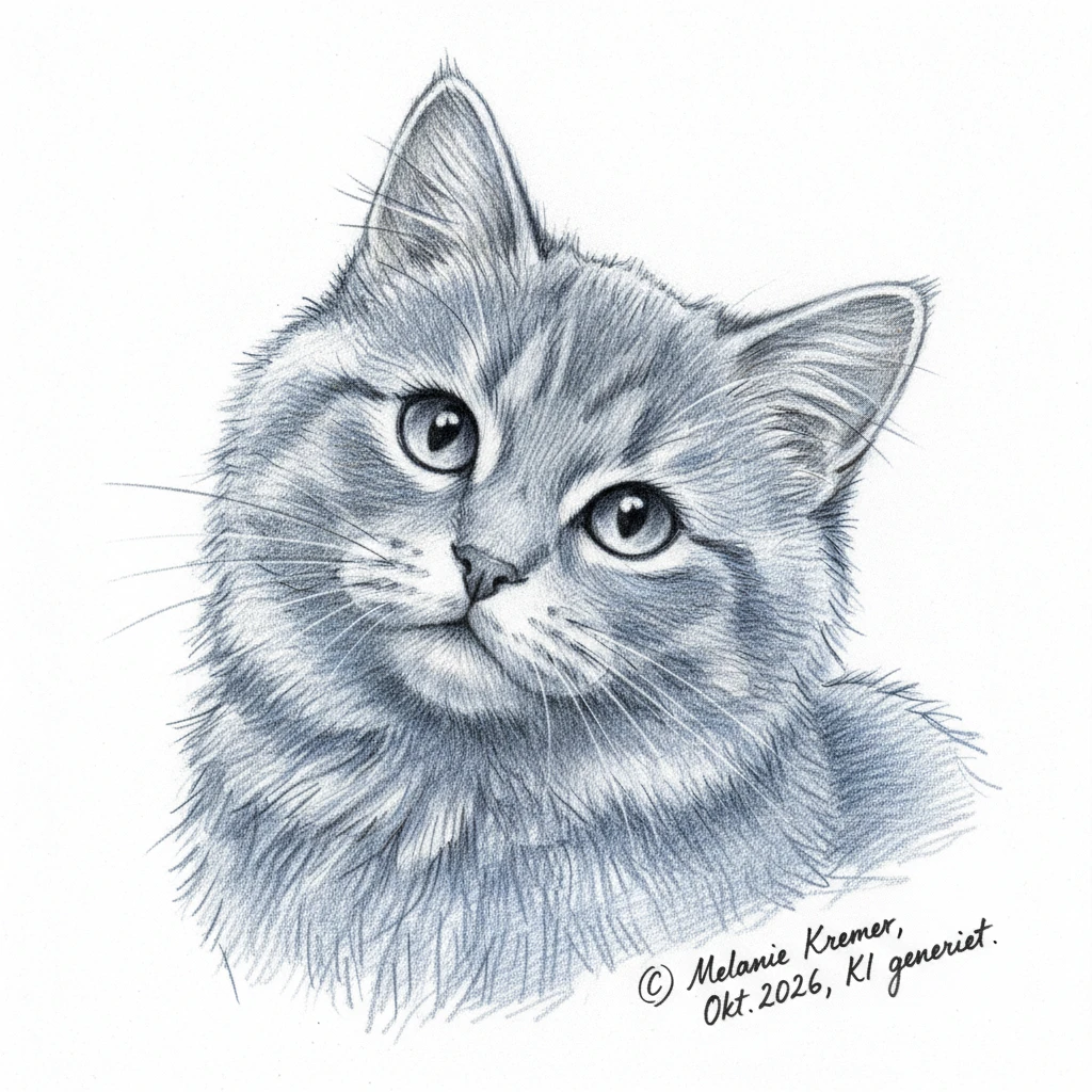 Un chat gris dessiné au crayon de couleur texturé et au hachurage croisé