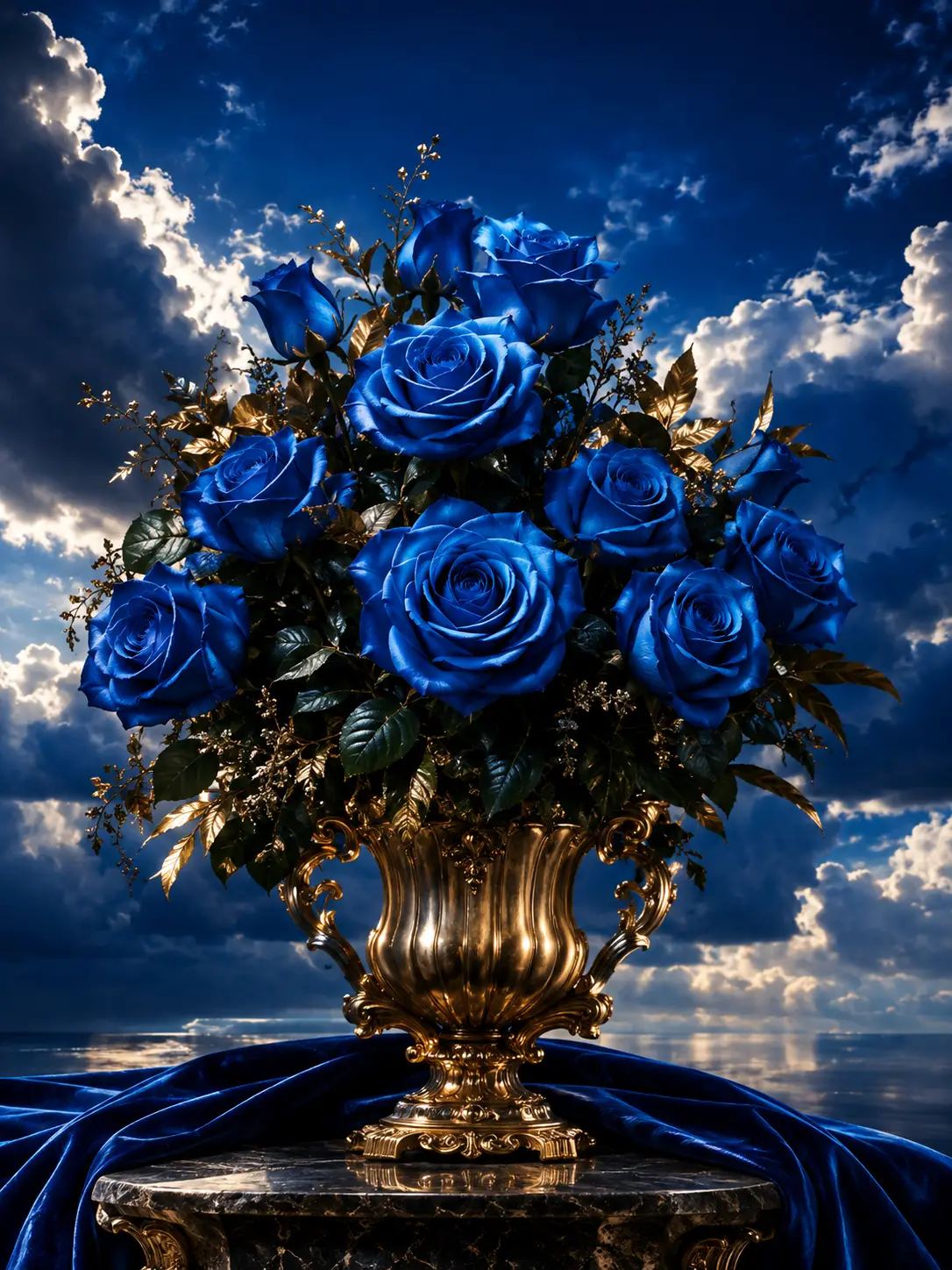 Rose blu in una composizione barocca con una drammatica illuminazione chiaroscurale
