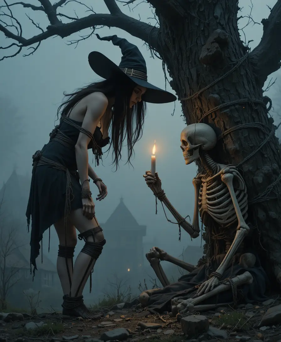 Eine gefesselte Hexe beugt sich unter einem dunklen Baum zu einer Kerze des Skeletts