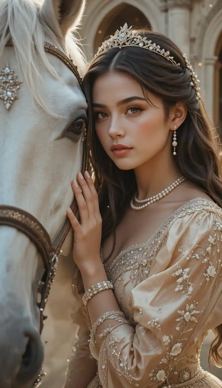 A young woman leans against a white horse in a tender portrait