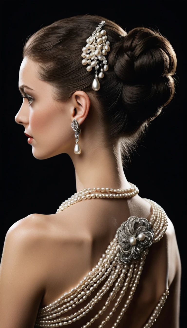 黑色背景前，披掛流瀉珍珠的女性剪影