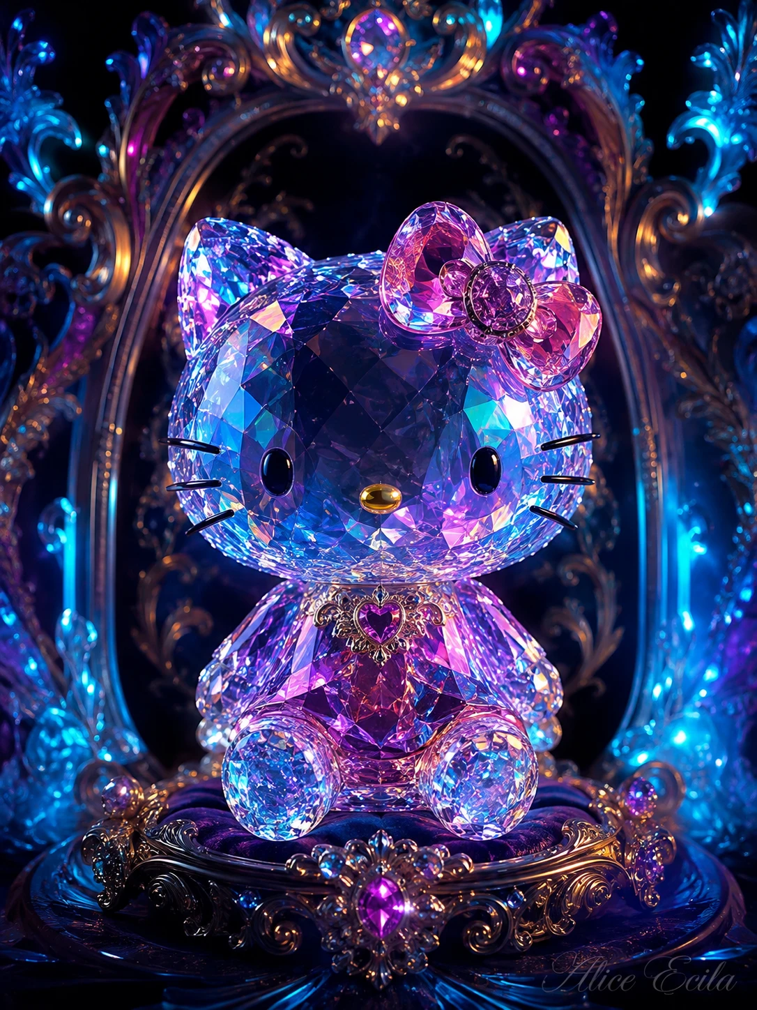Una statuina traslucida di Hello Kitty realizzata con particelle di cristallo iridescenti