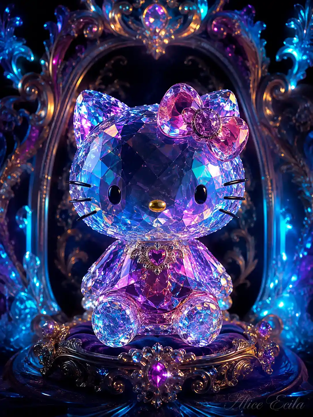 A translucent Hello Kitty figurine made from iridescent crystal particles