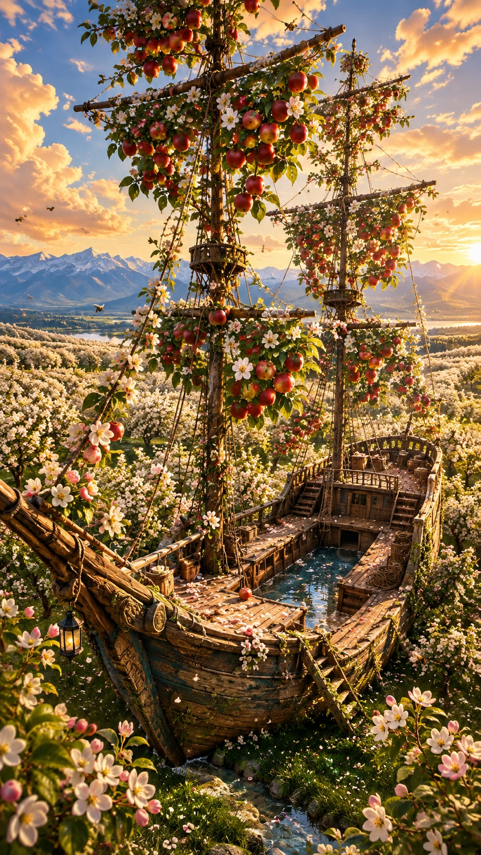 A Weathered Sailing Ship Rests Within A Flowering Apple Orchard