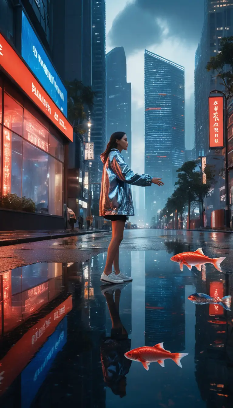 Eine junge Frau begegnet in einer regennassen Metropole einem Karpfen aus Glas