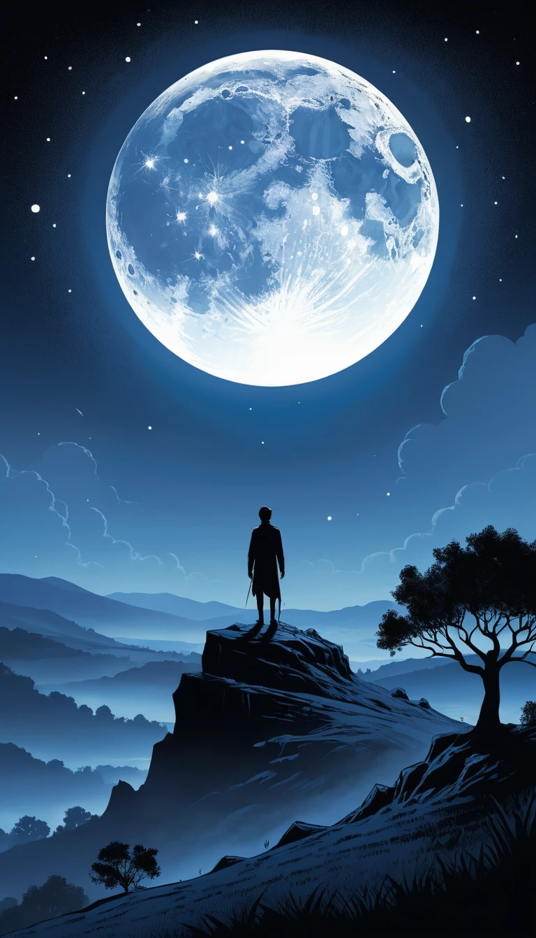 A lone figure stands on a hill beneath a glowing full moon