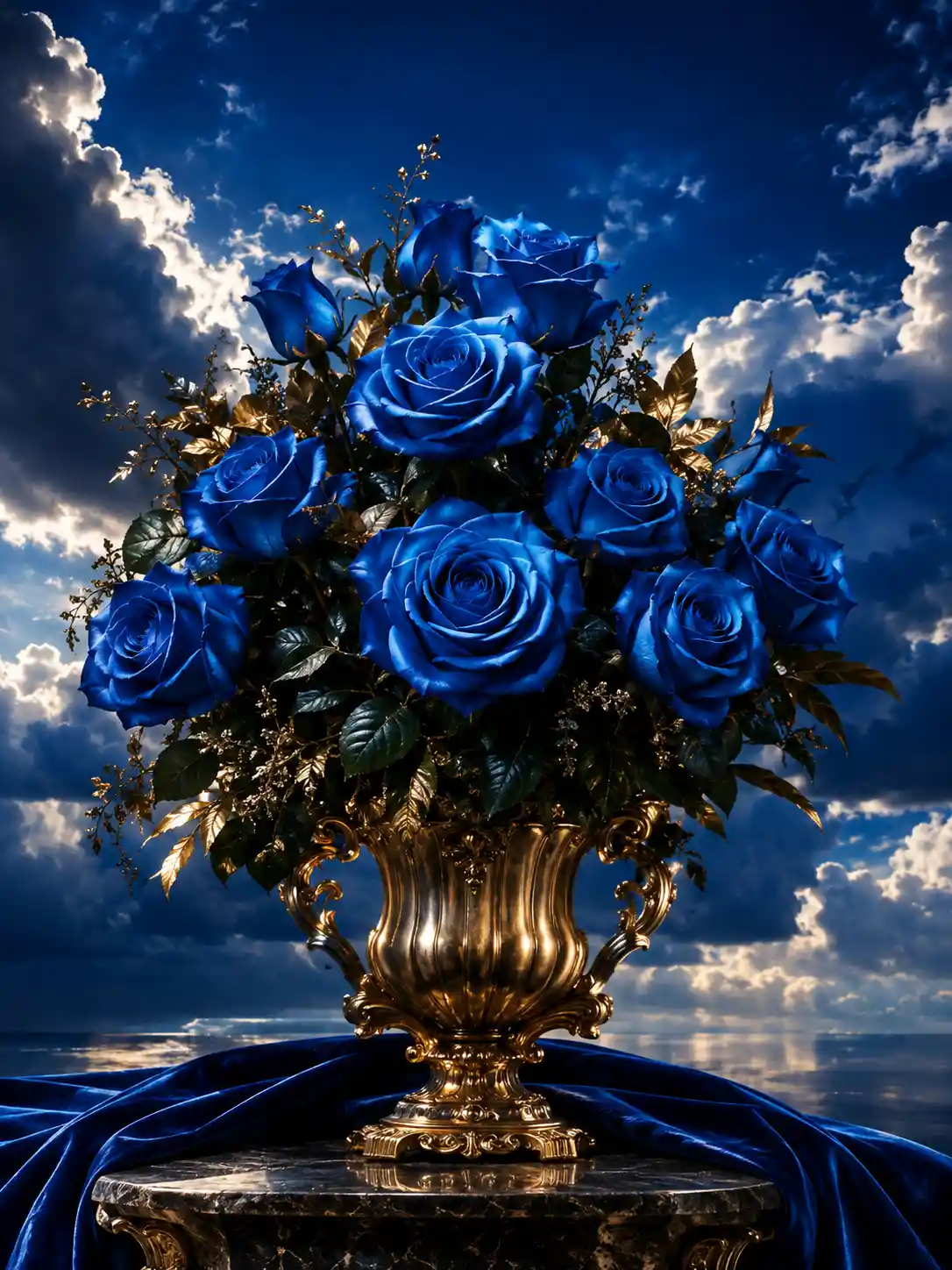 Blue Roses in a Baroque Composition with Dramatic Chiaroscuro Lighting