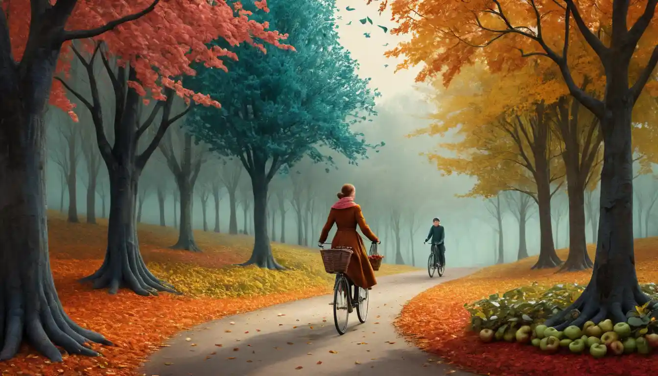 A woman rides her bicycle along a curving autumn park path