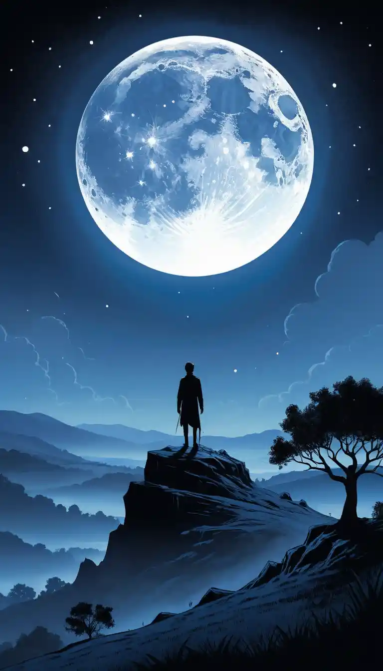 A lone figure stands on a hill beneath a glowing full moon
