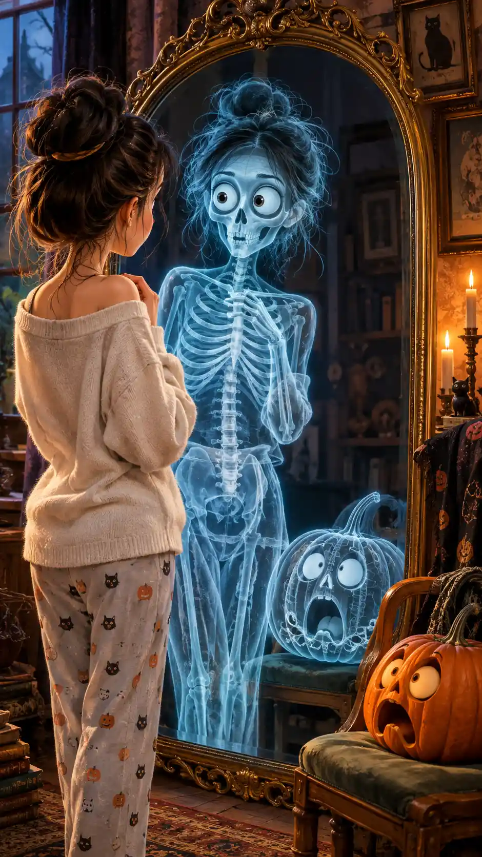 大眼睛少女在受驚的萬聖節南瓜旁，面對一面X光鏡