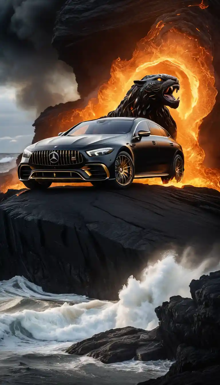 A fiery panther faces towering lava waves beside an obsidian staircase