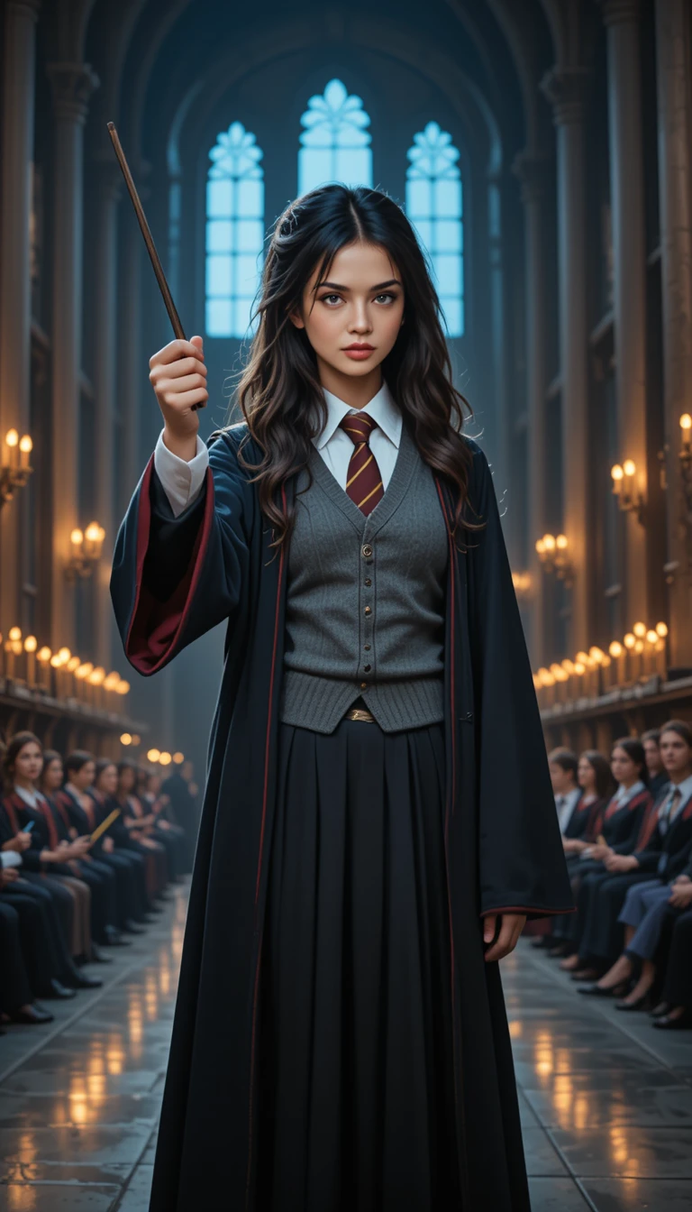 Young woman raises a wand in a candlelit fantasy hall