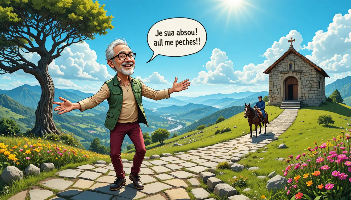 A bearded elderly man joyfully leaps along a stone path