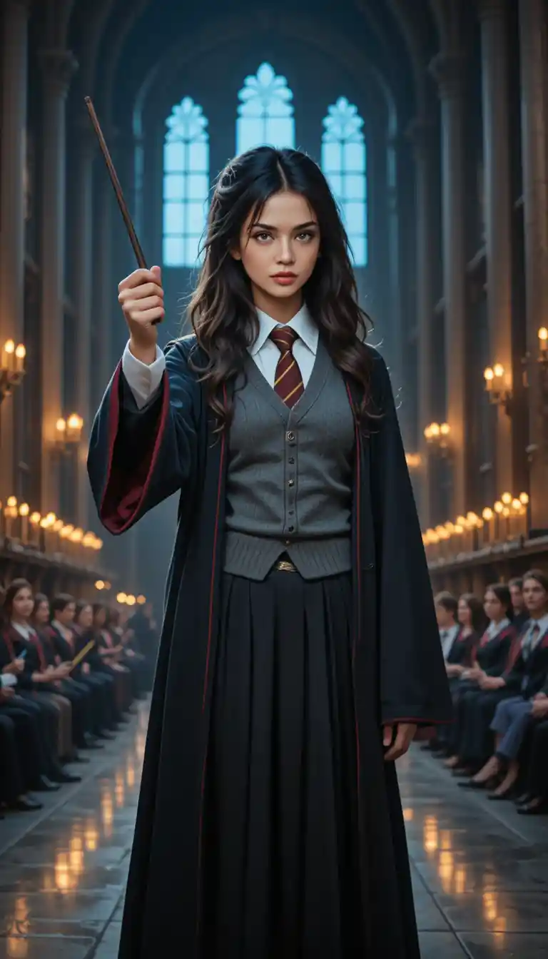 Young woman raises a wand in a candlelit fantasy hall