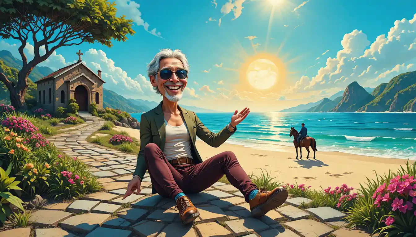 A Joyful Elderly Man Leaps Along a Pastoral Chapel Path