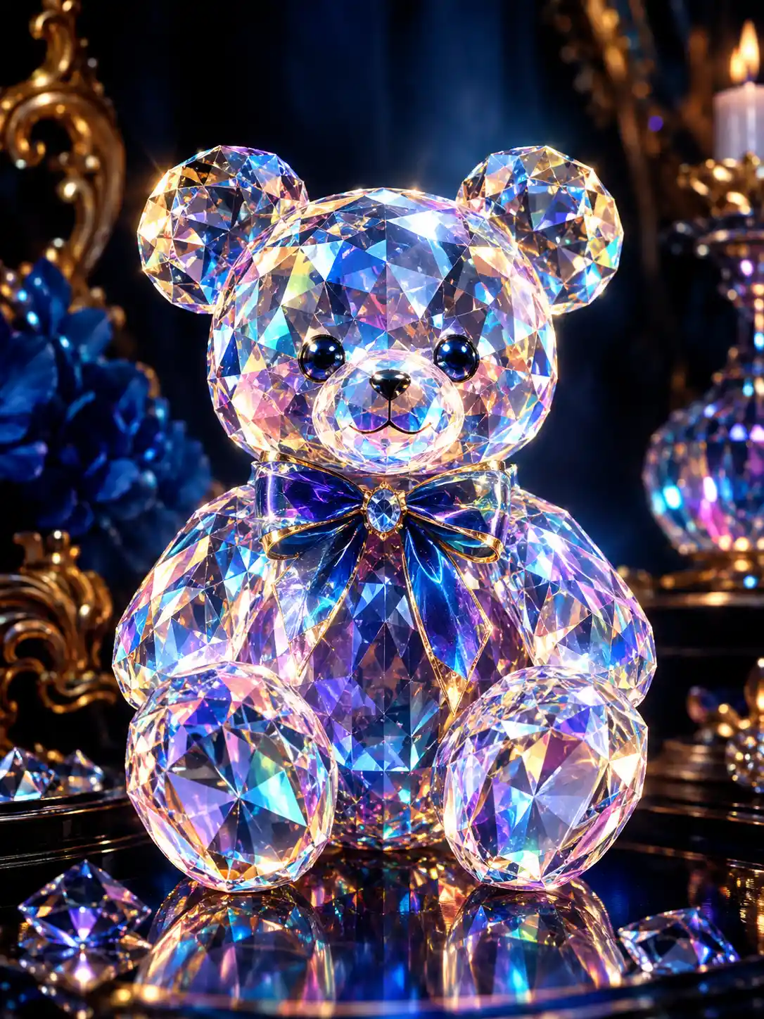 A Translucent Crystal Teddy Bear Figurine Glowing With Iridescent Color