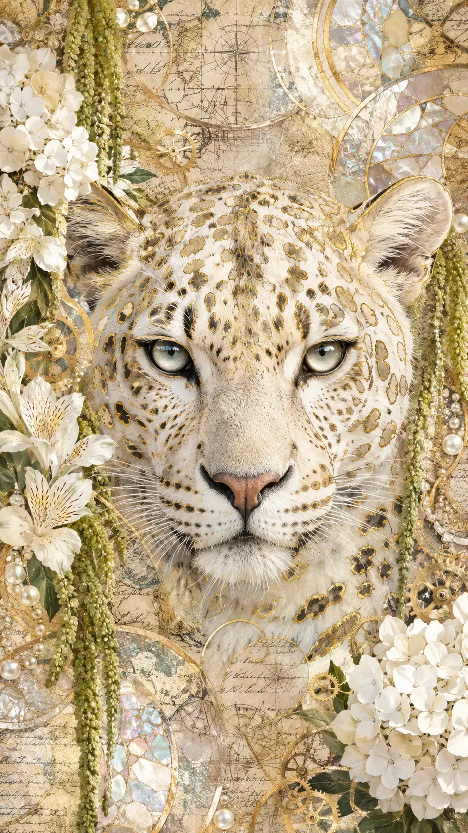 Volto di un leopardo bianco incorniciato da oro e motivi di manoscritti antichi