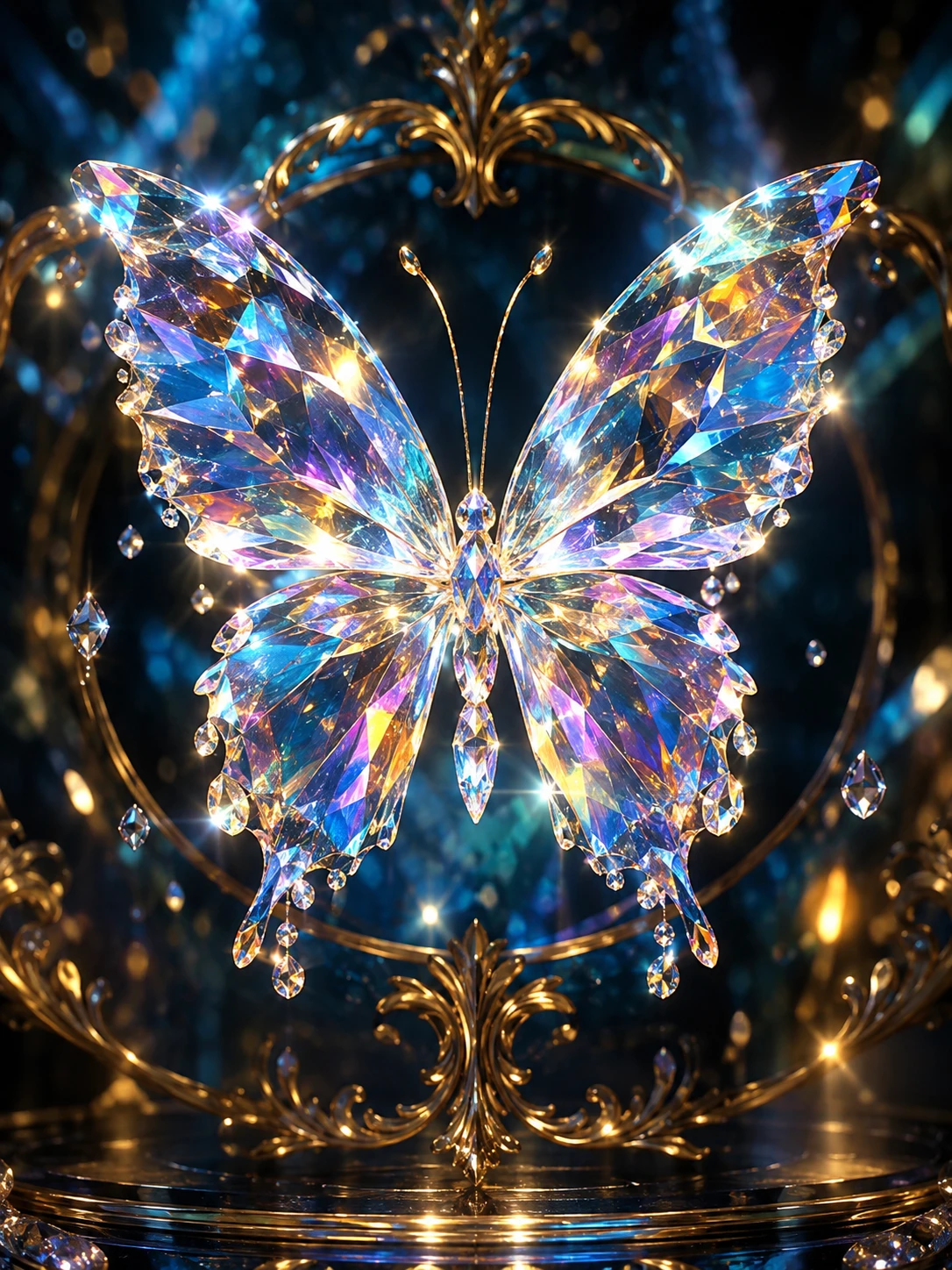 Una farfalla traslucida formata da particelle geometriche di cristallo iridescenti