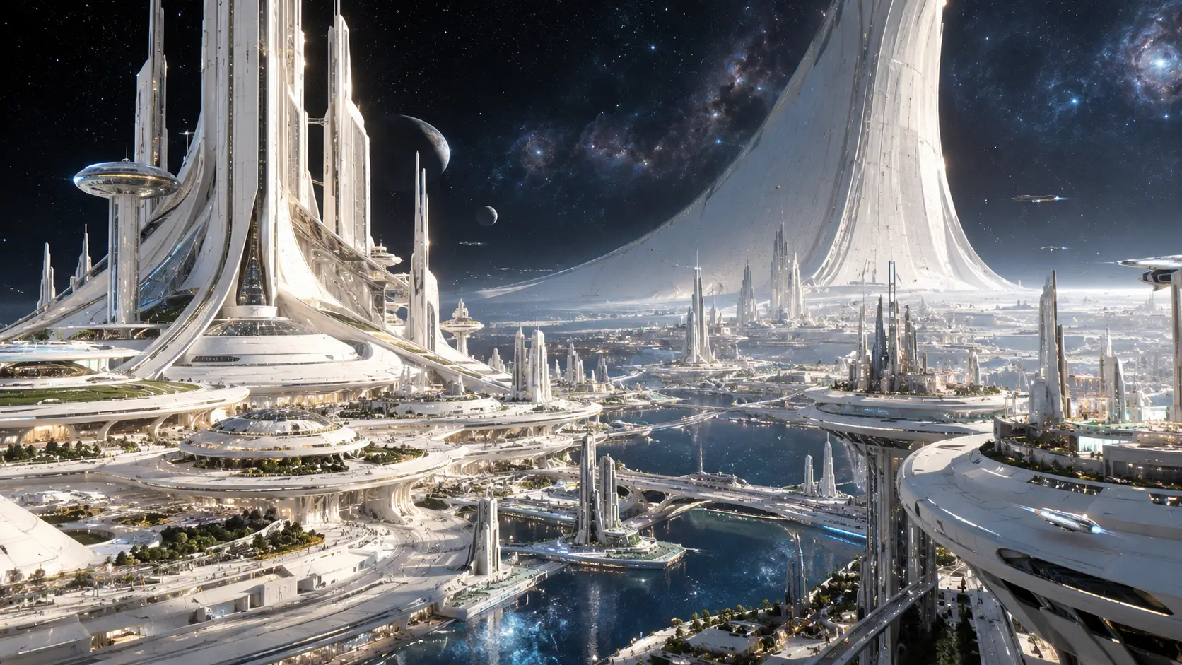 浩瀚的未來城市漂浮於宇宙的黑暗之中