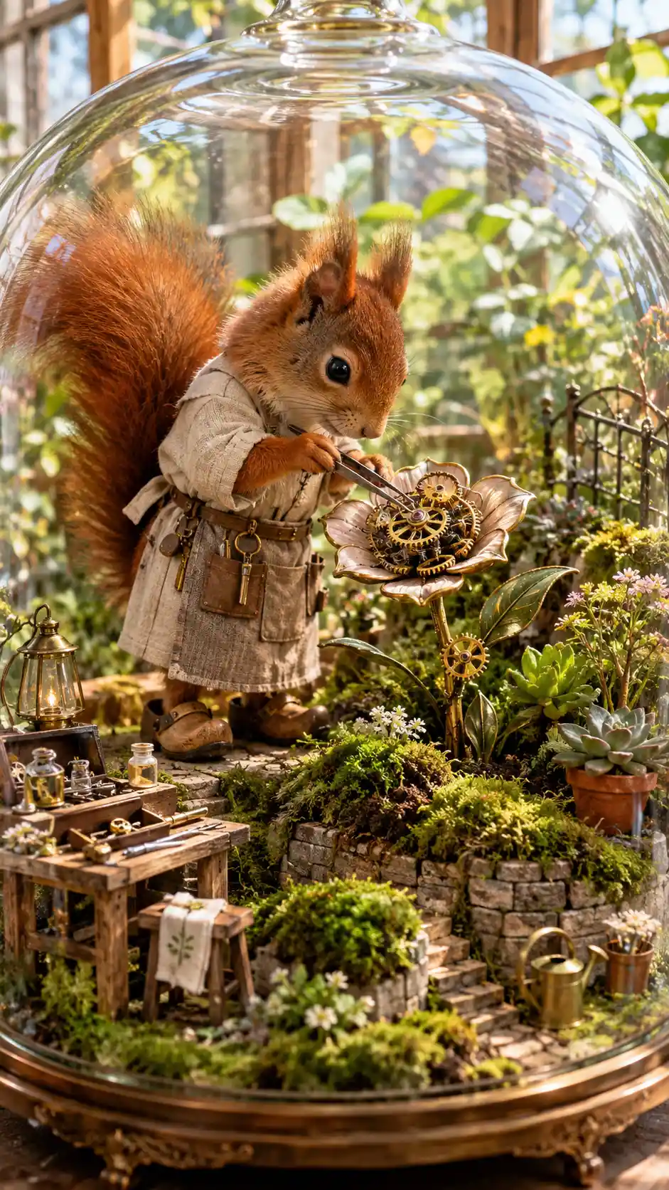 A Tiny Squirrel Gardener Tends a Clockwork Flower in a Conservatory