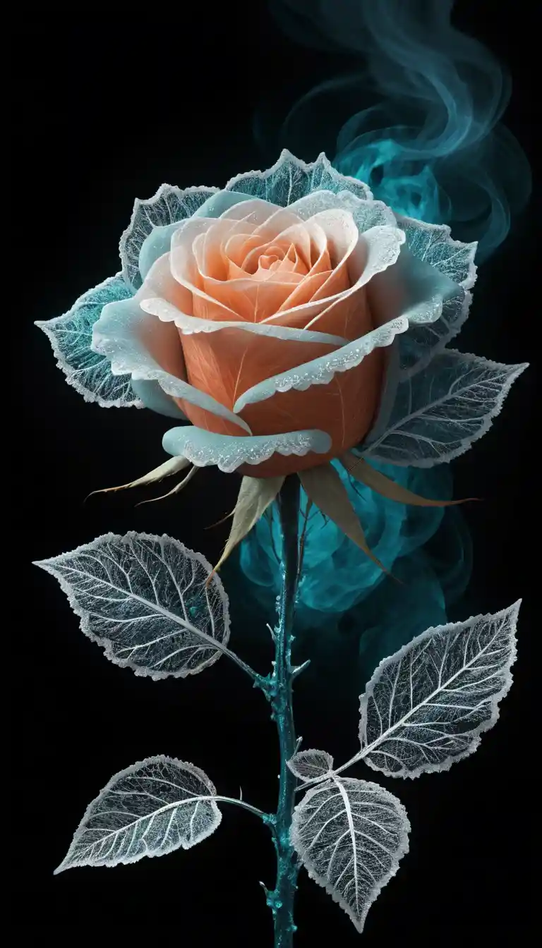 A turquoise ice rose rises from a fiery stem