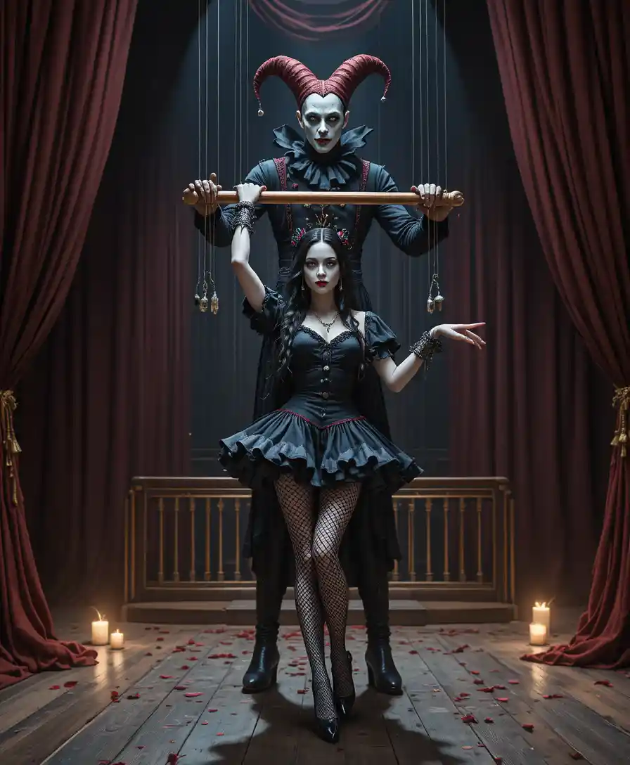 A jester manipulates a marionette performer on a gothic theater stage