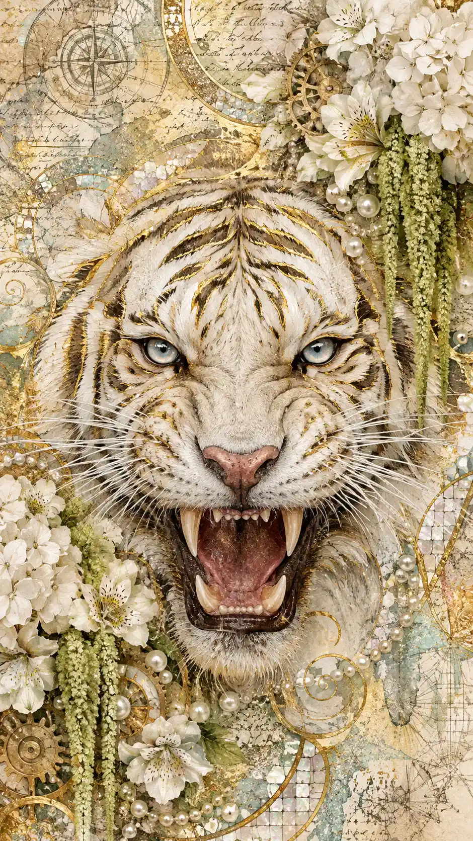 A Roaring White Tiger Framed by Gold Details and Watercolor Patterns
