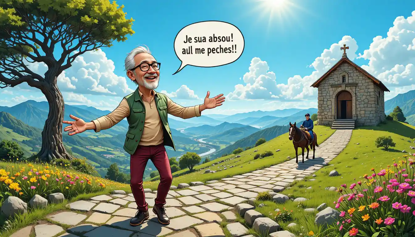 A bearded elderly man joyfully leaps along a stone path