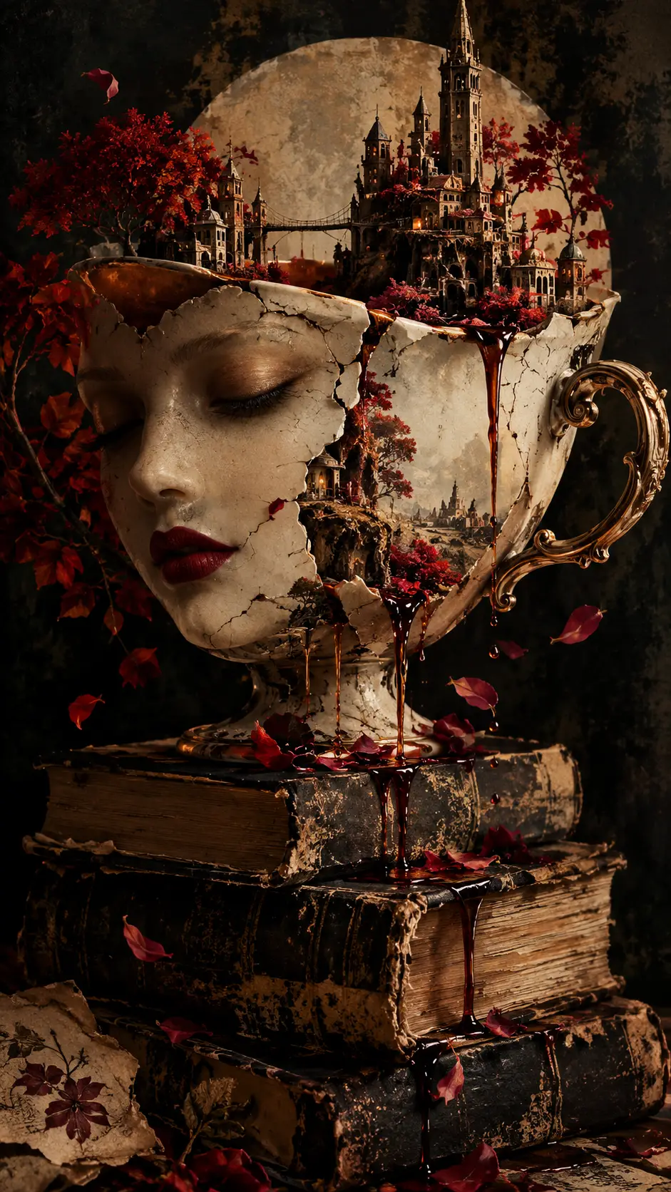 An enormous porcelain teacup with a woman’s face rests on books