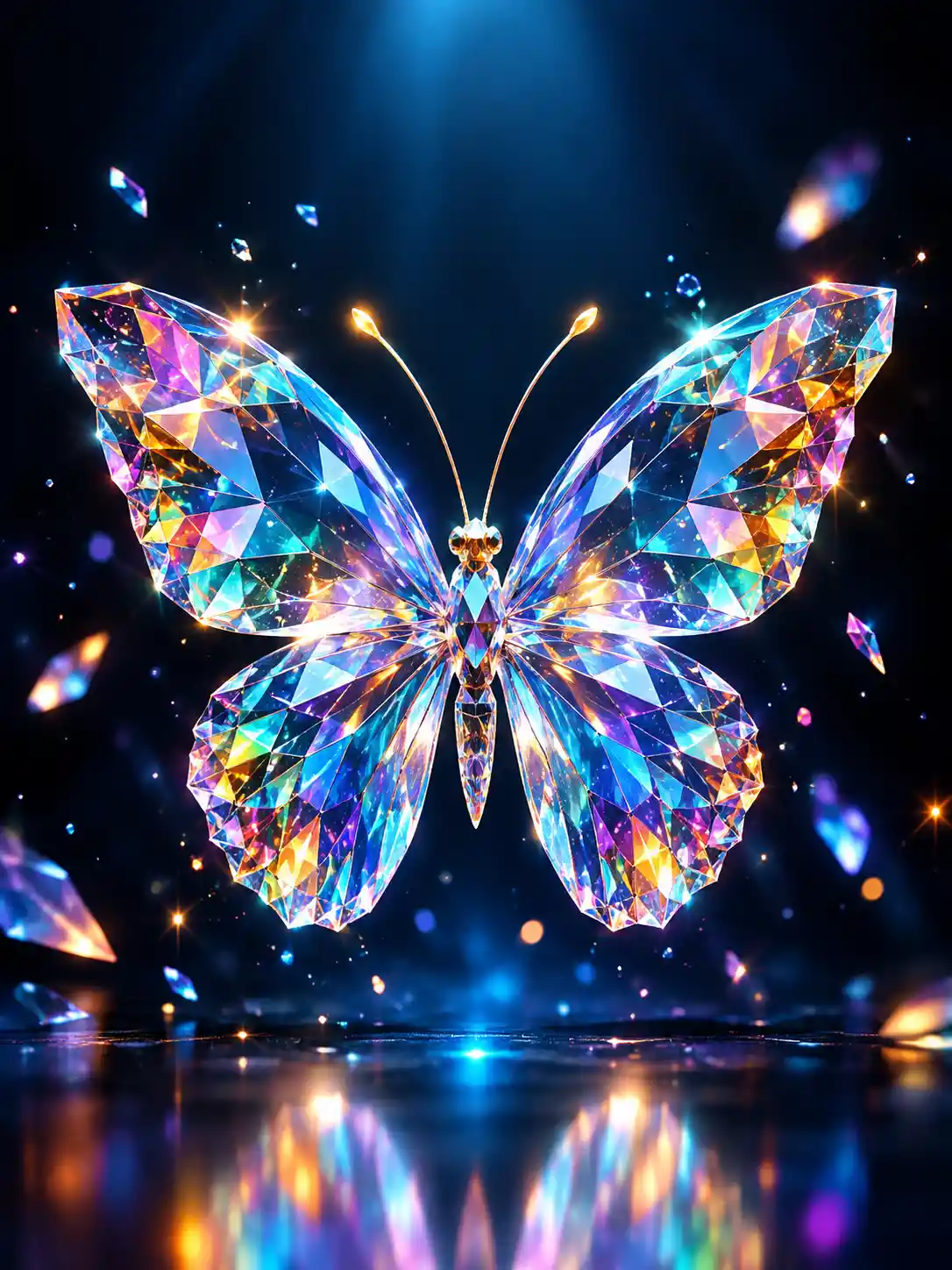 A translucent butterfly formed from iridescent geometric crystal particles