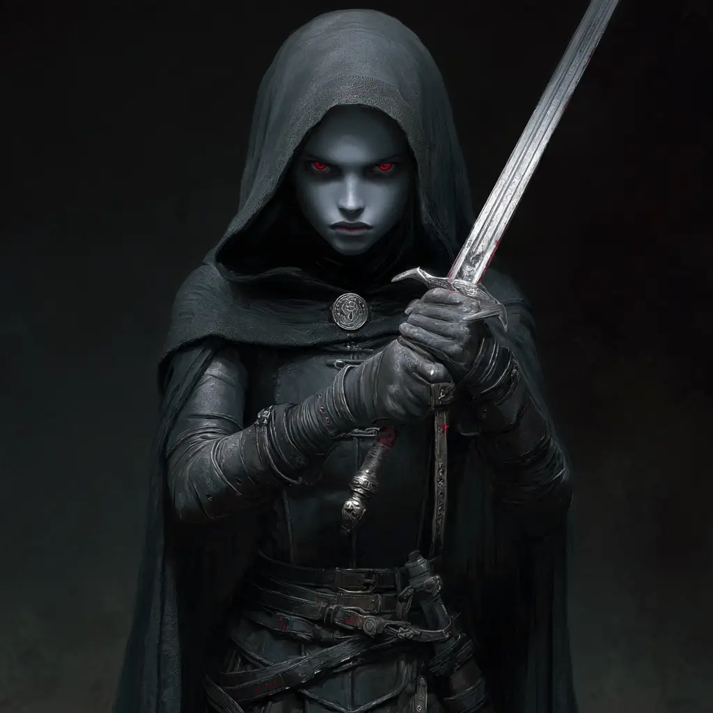 A hooded fantasy ranger with pale skin, red eyes, and a silver sword