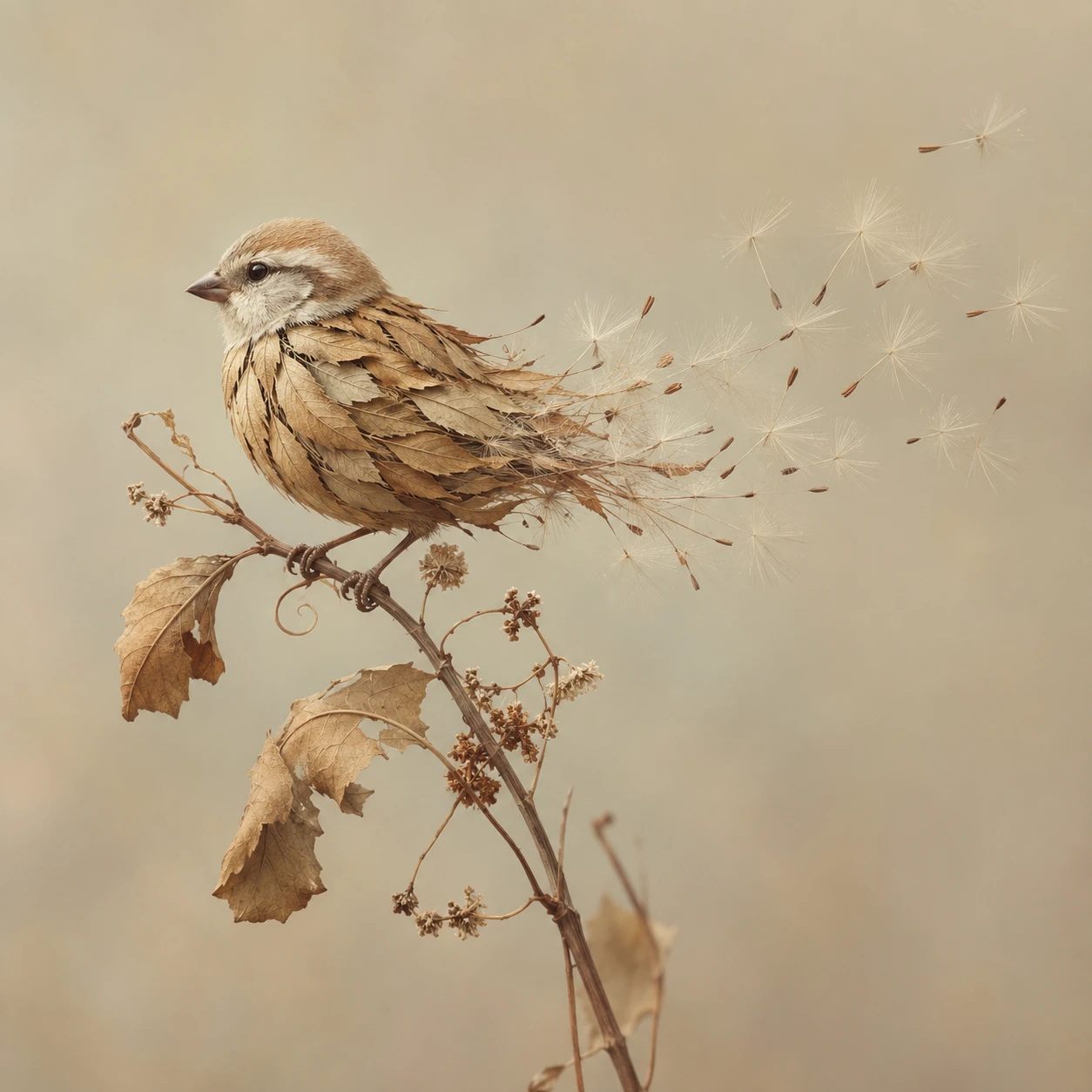 A sparrow formed from curled leaves with a dandelion seed tail