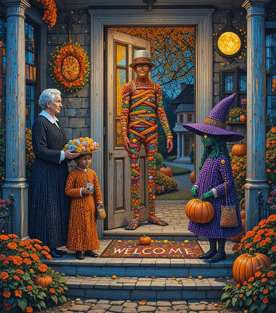 Candy children gather for trick-or-treating on a pointillist porch