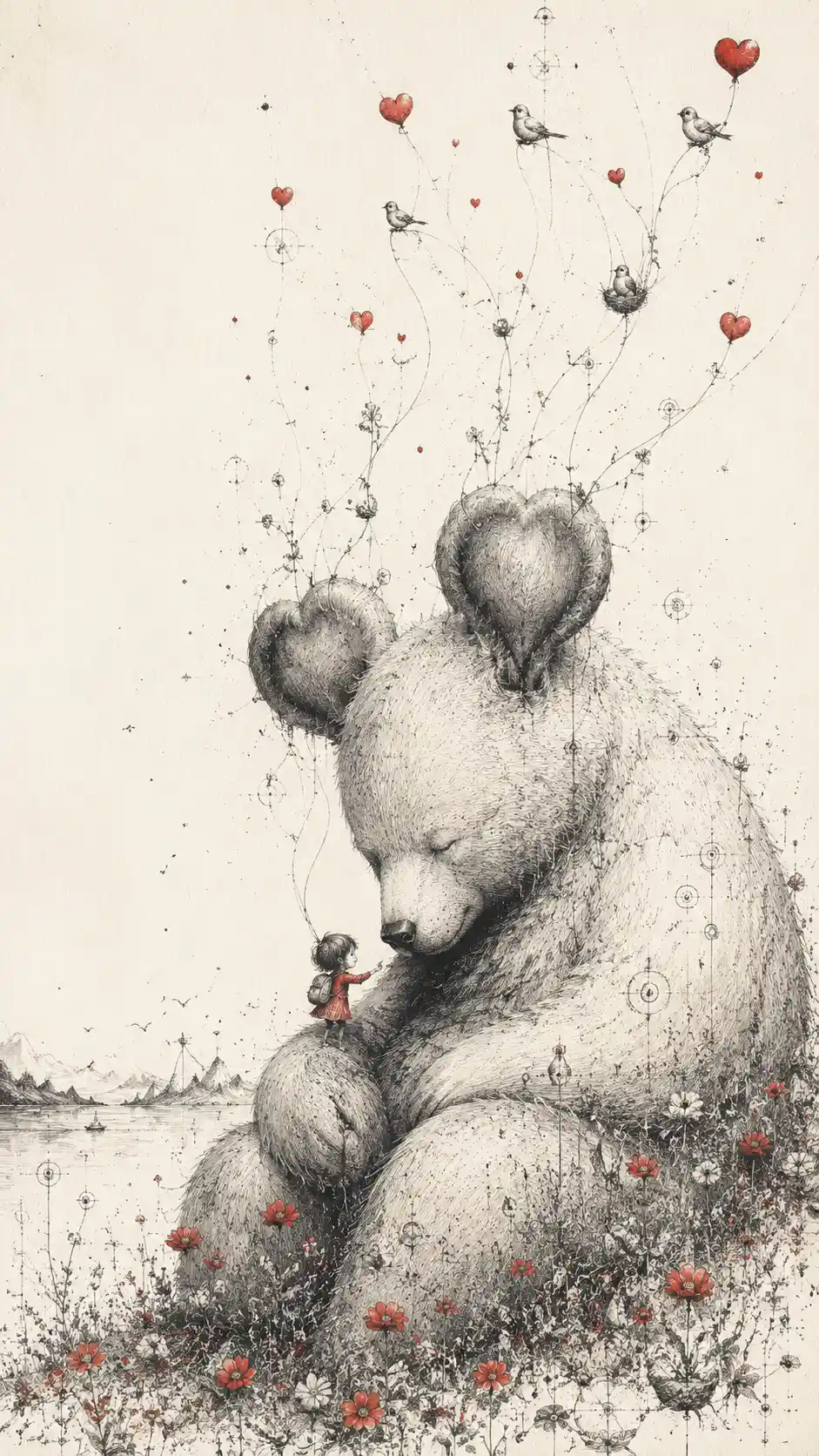 A tiny child floats beside a bear with heart-shaped balloon ears