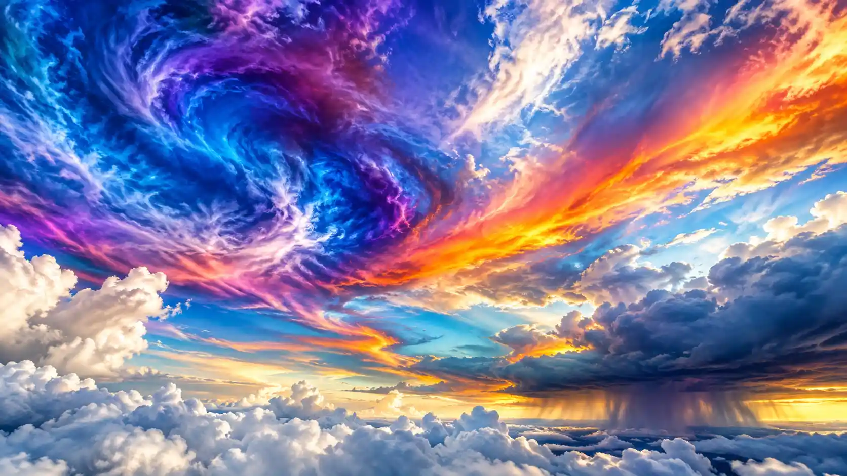 A turbulent sky swirls with vibrant colors and layered clouds