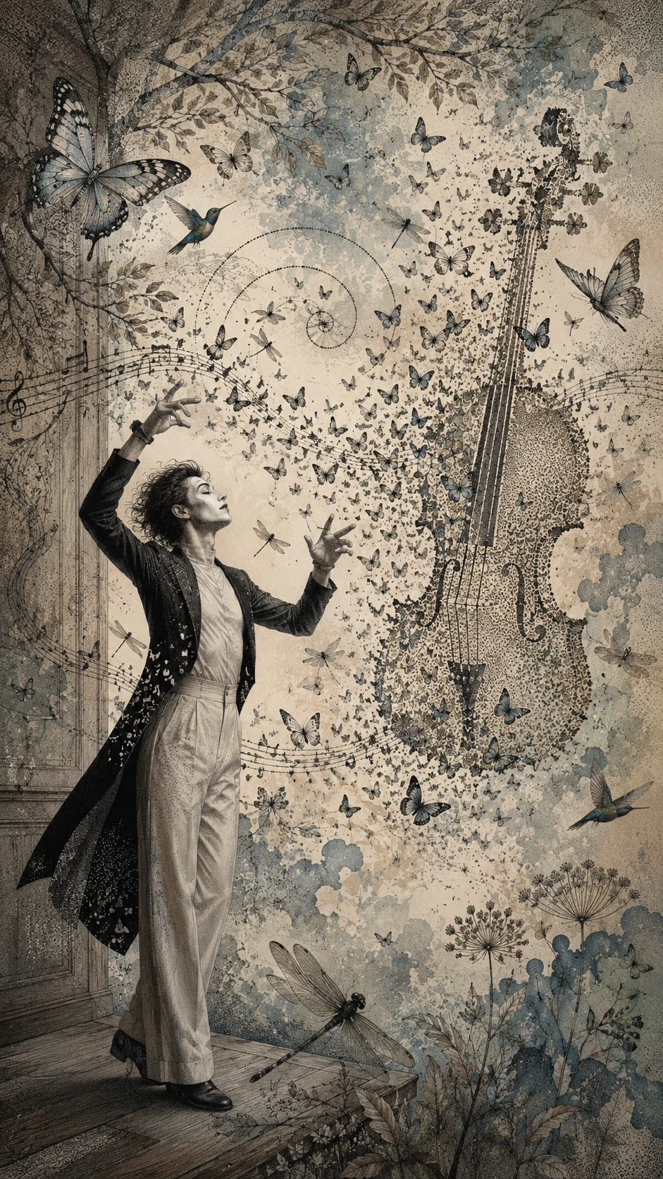 A mime conducts an invisible orchestra in a theatrical pose