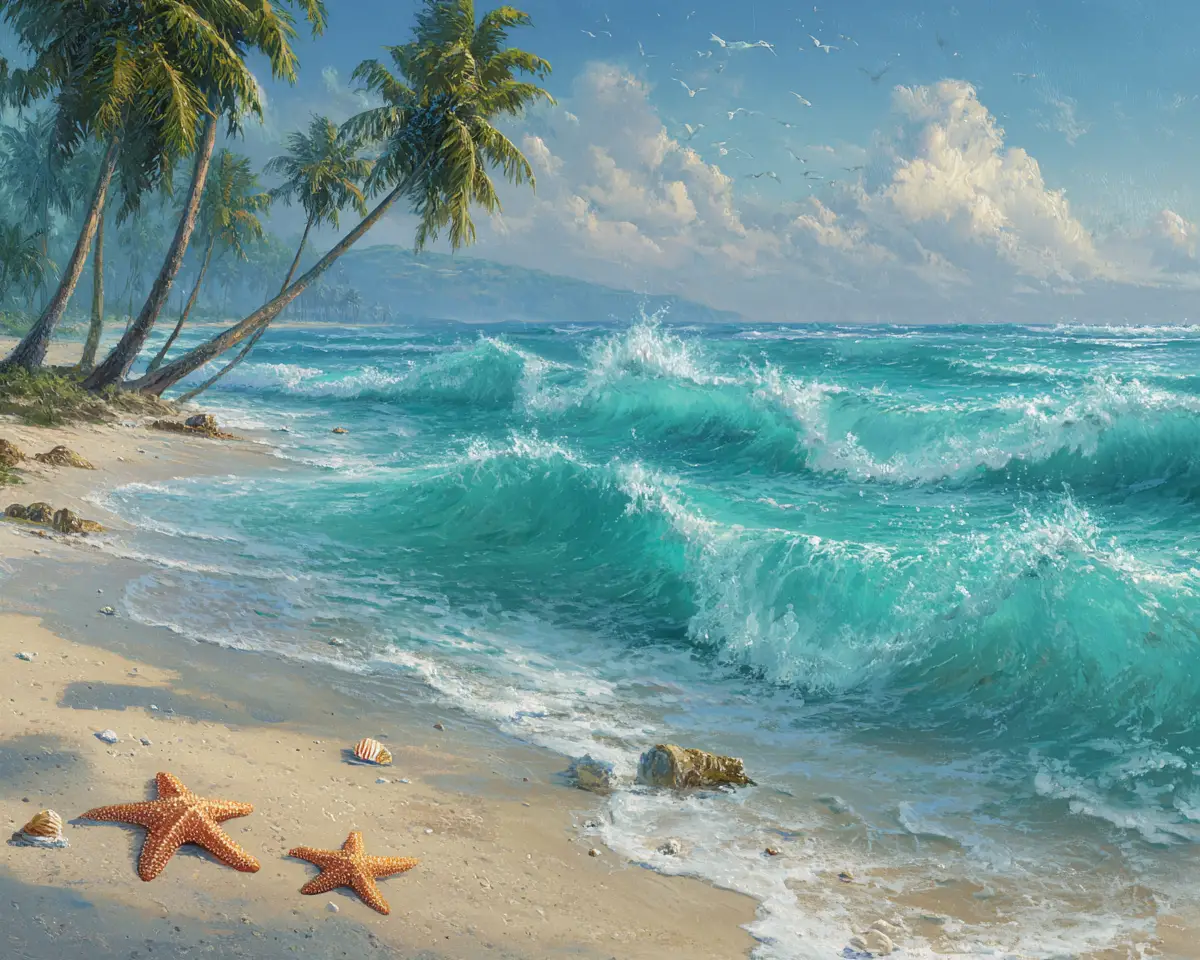 棕櫚樹成排的沙灘上，碧綠海浪滾滾而來