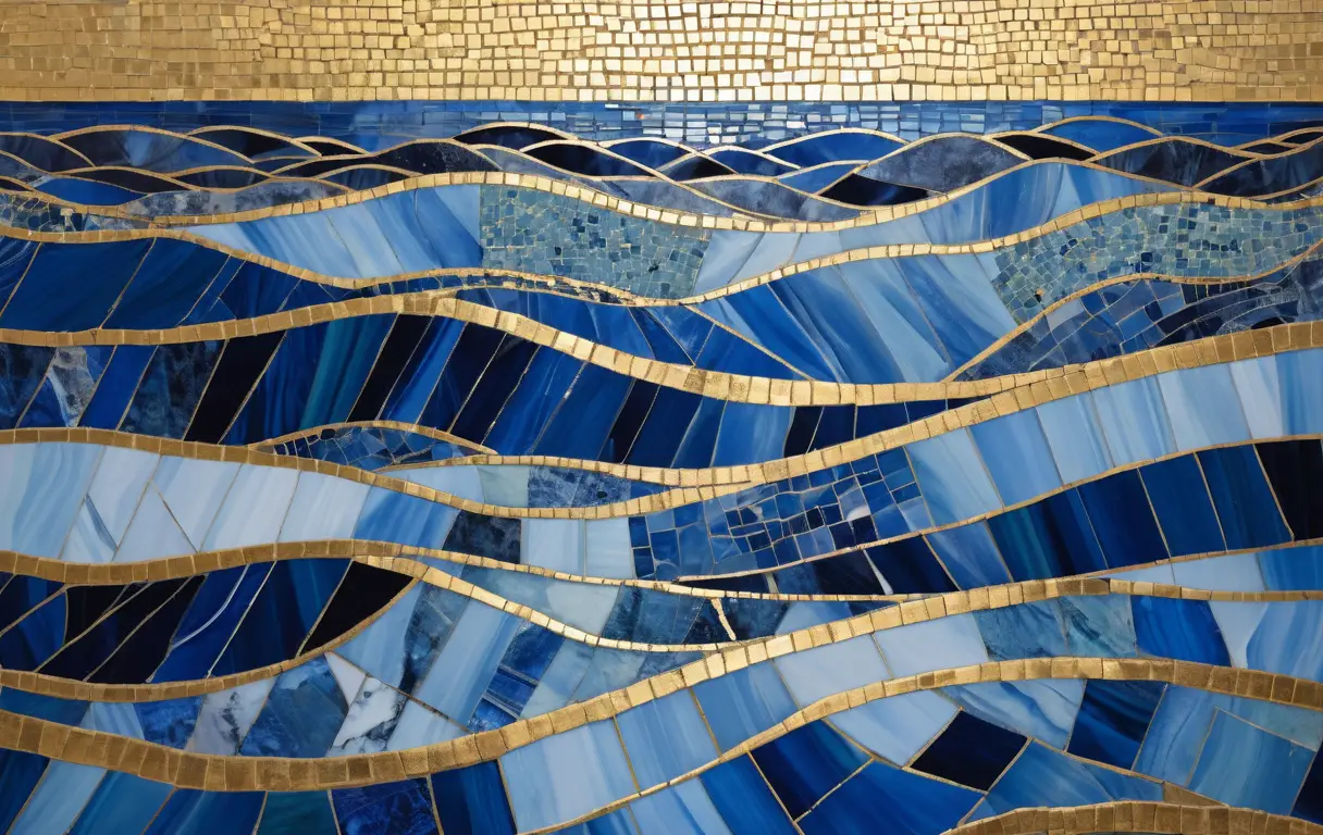 A blue mosaic ocean rolls beneath a sky traced with fine gold