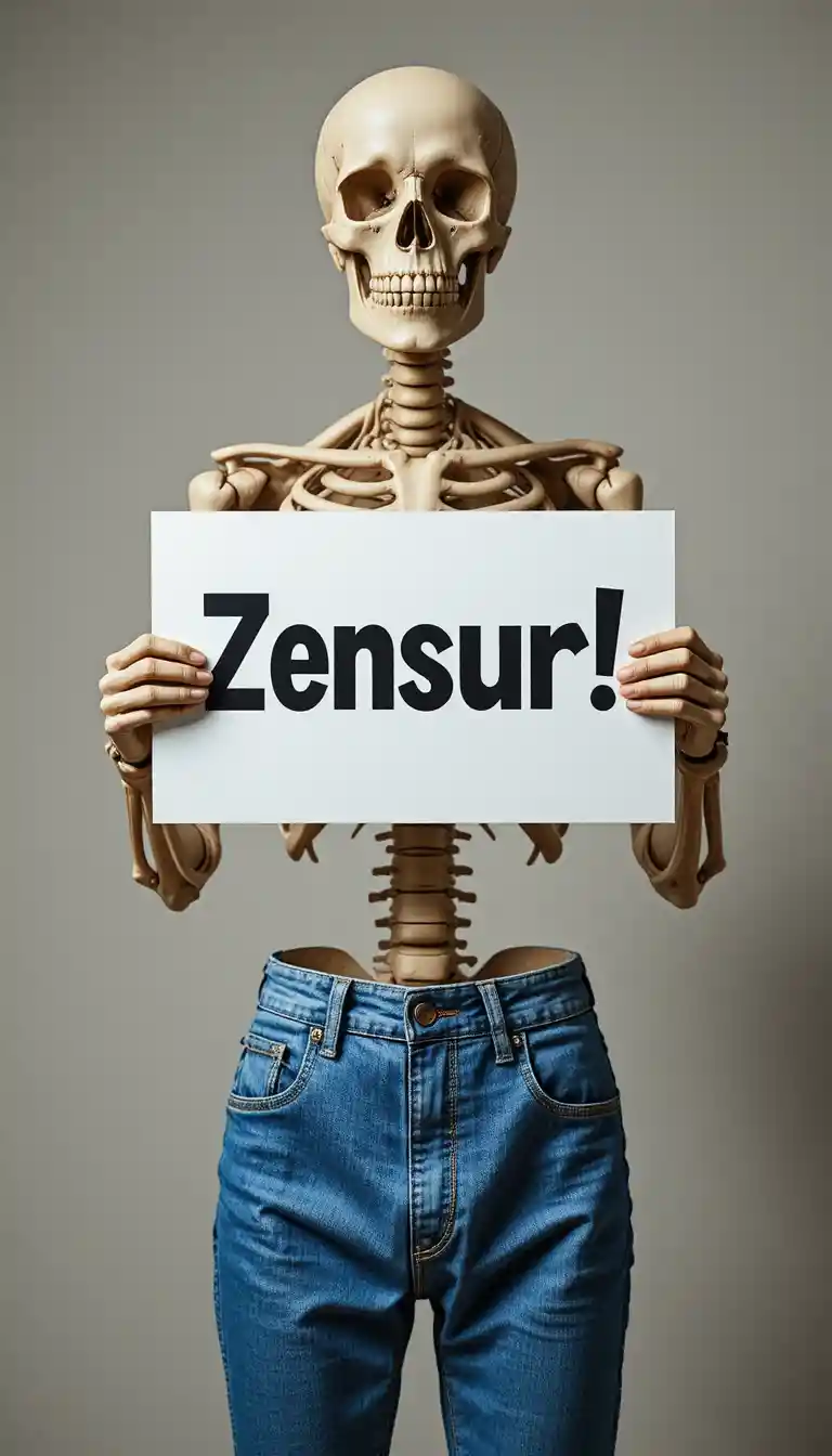 A human skeleton holds a censorship sign in a studio portrait