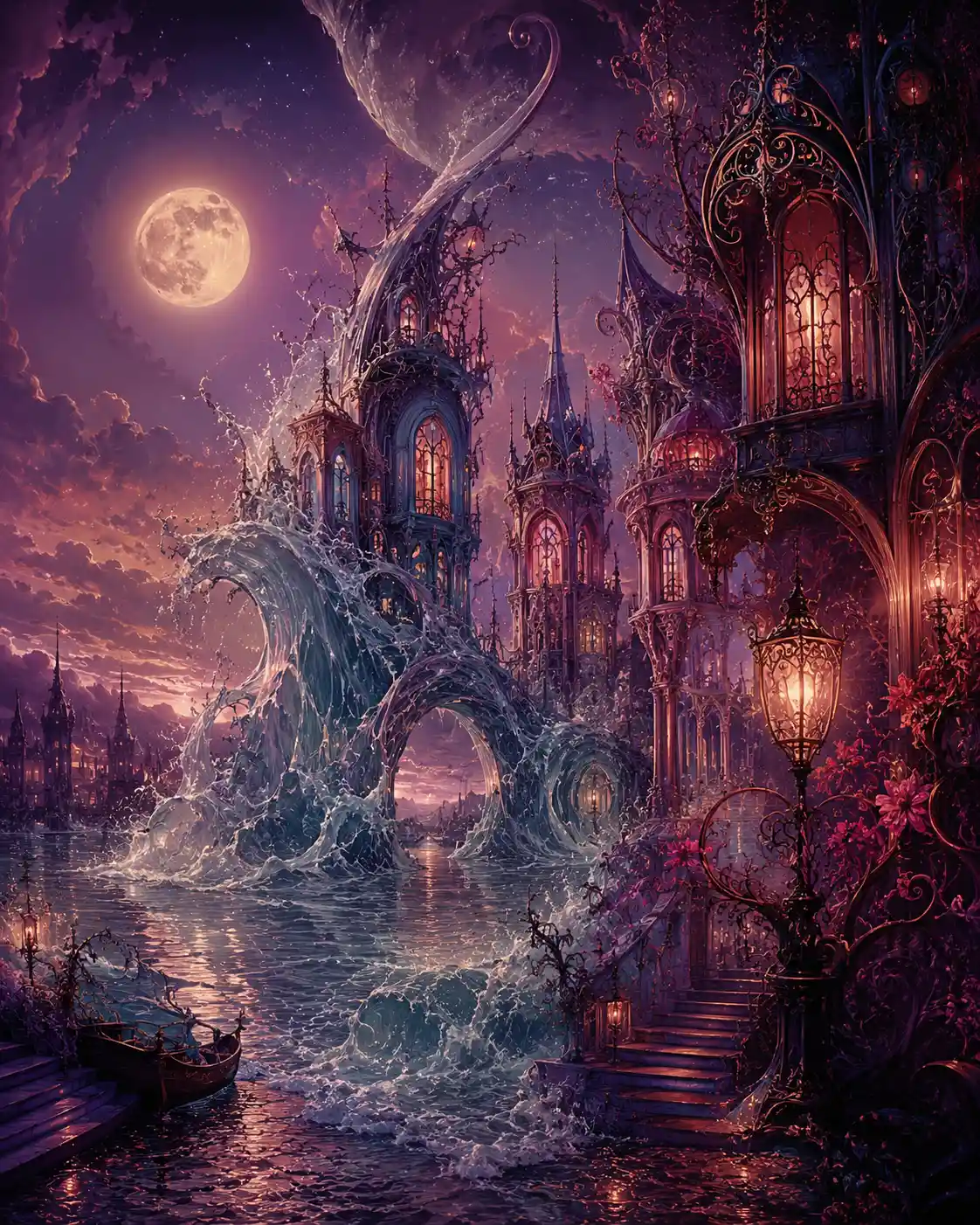 Ocean waves crystallizing into elaborate gothic buildings before dissolving back into water