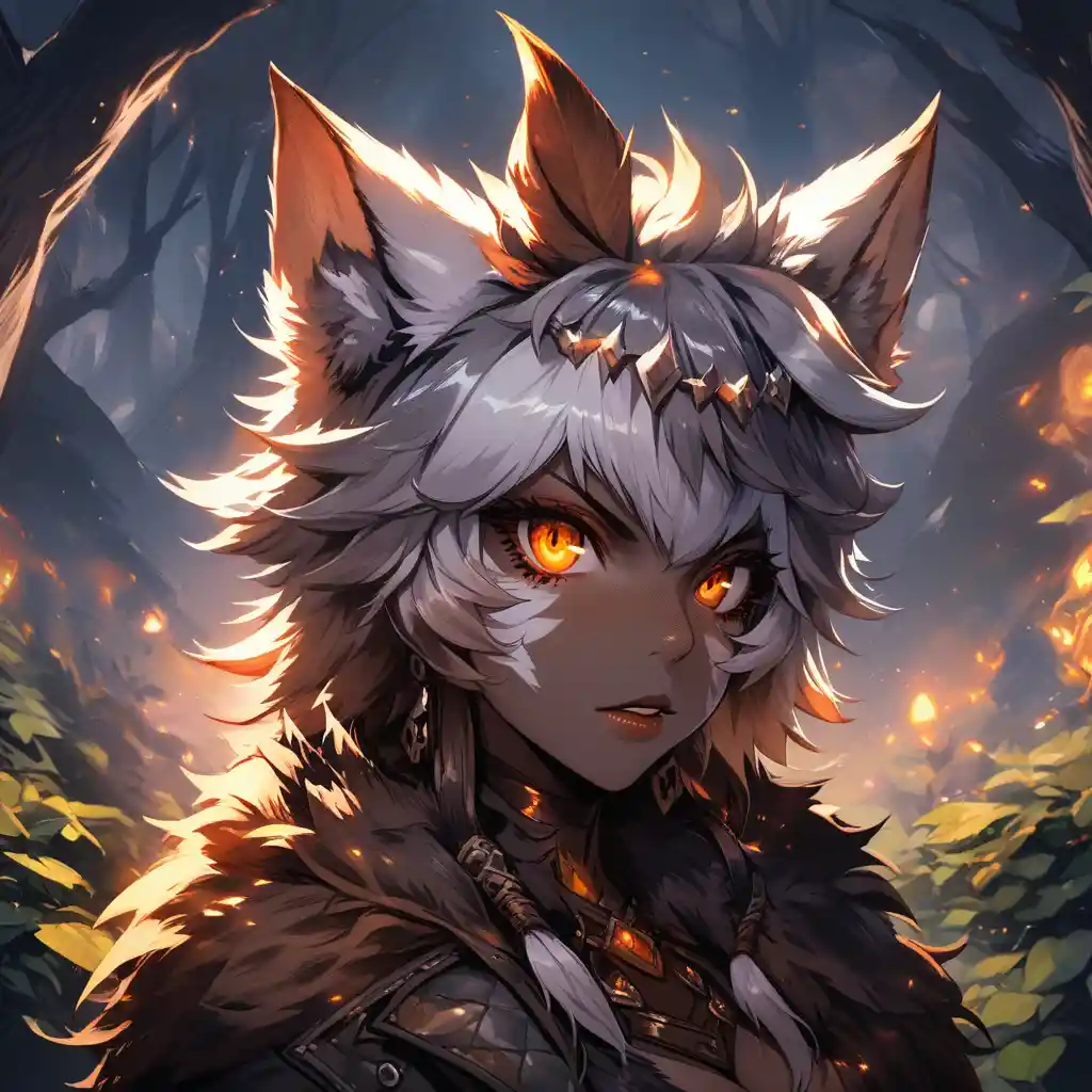 A fantasy druid with wolf-like ears, amber eyes, grey hair, leather, and furs