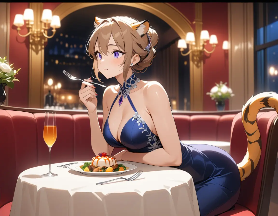 虎女在優雅餐廳的溫暖燈光下用餐