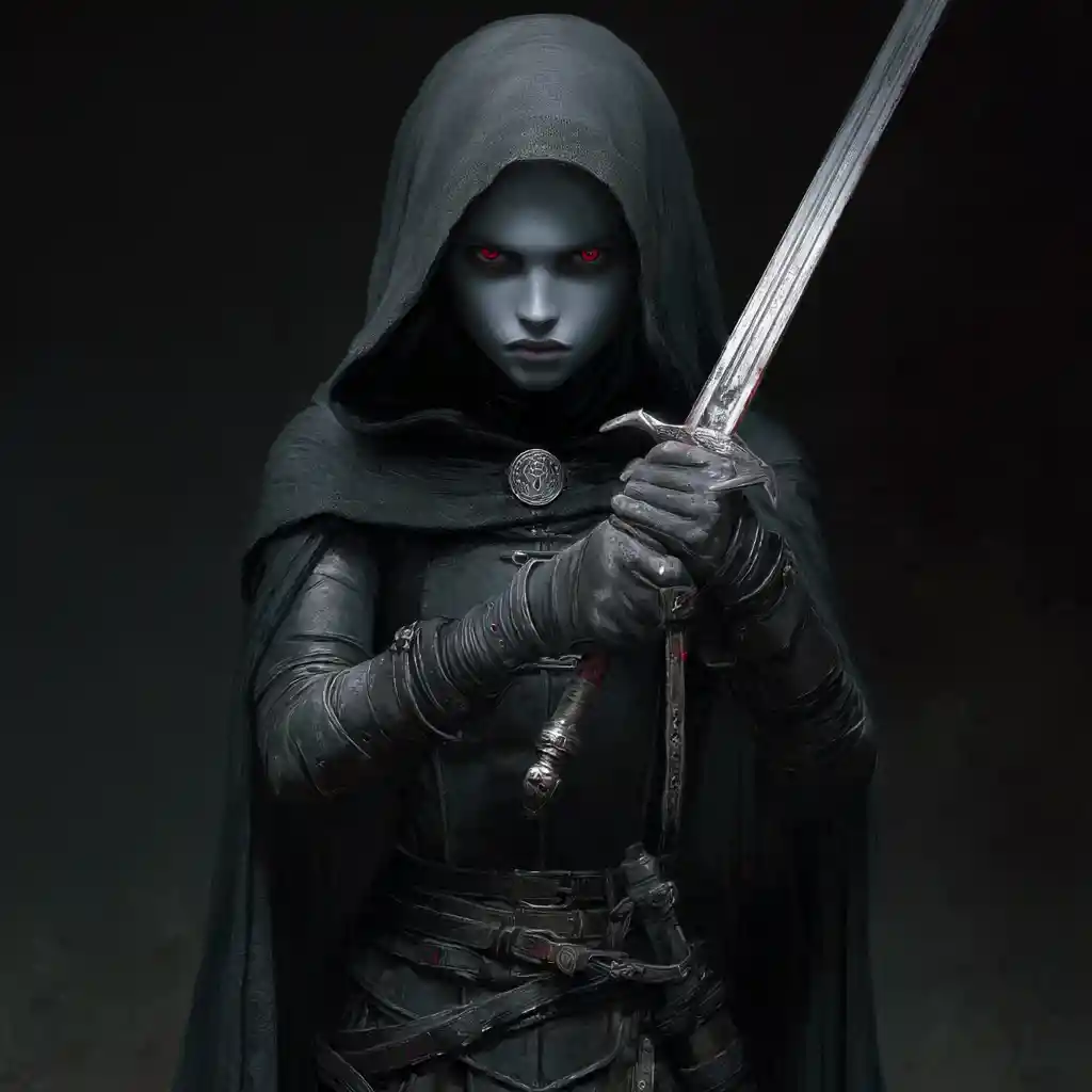 A hooded fantasy ranger with pale skin, red eyes, and a silver sword