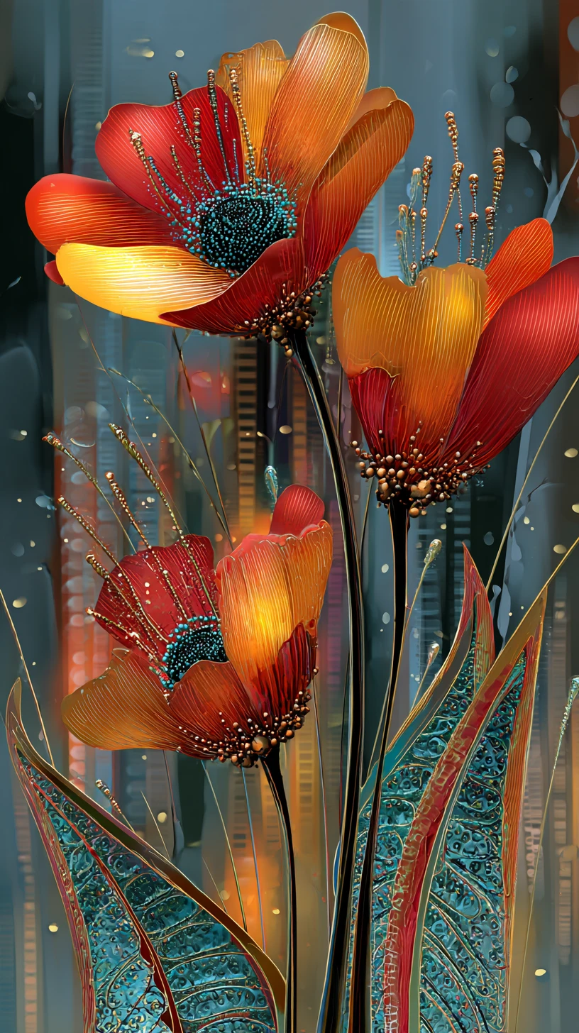 Glänzende Blumen ragen in surrealer digitaler Kunst über eine abstrakte, beleuchtete Stadtlandschaft