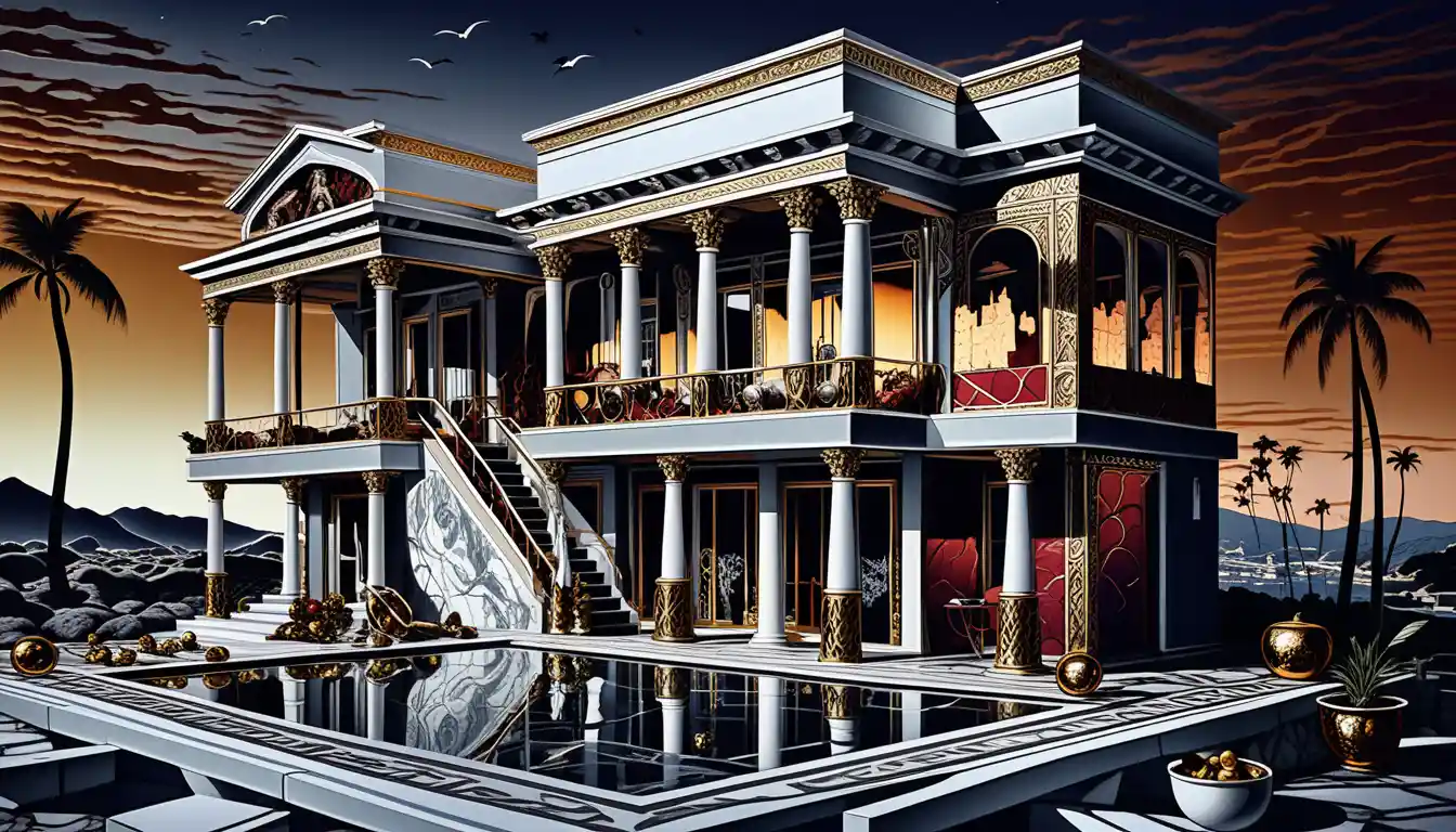 A three-story Roman villa diorama in a miniature room box